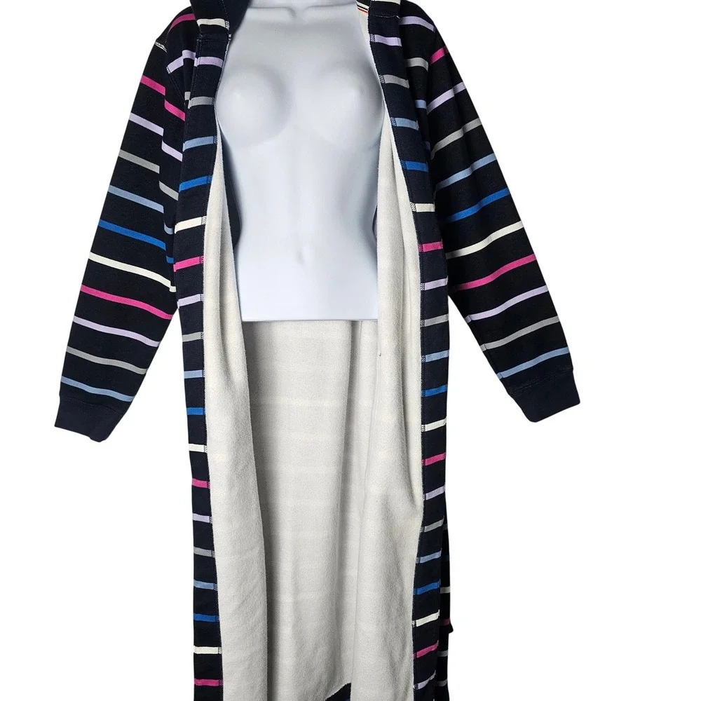 Lands End Serious Sweats Hooded Robe Womens L 14/16 Navy Striped Bathrobe Fleece